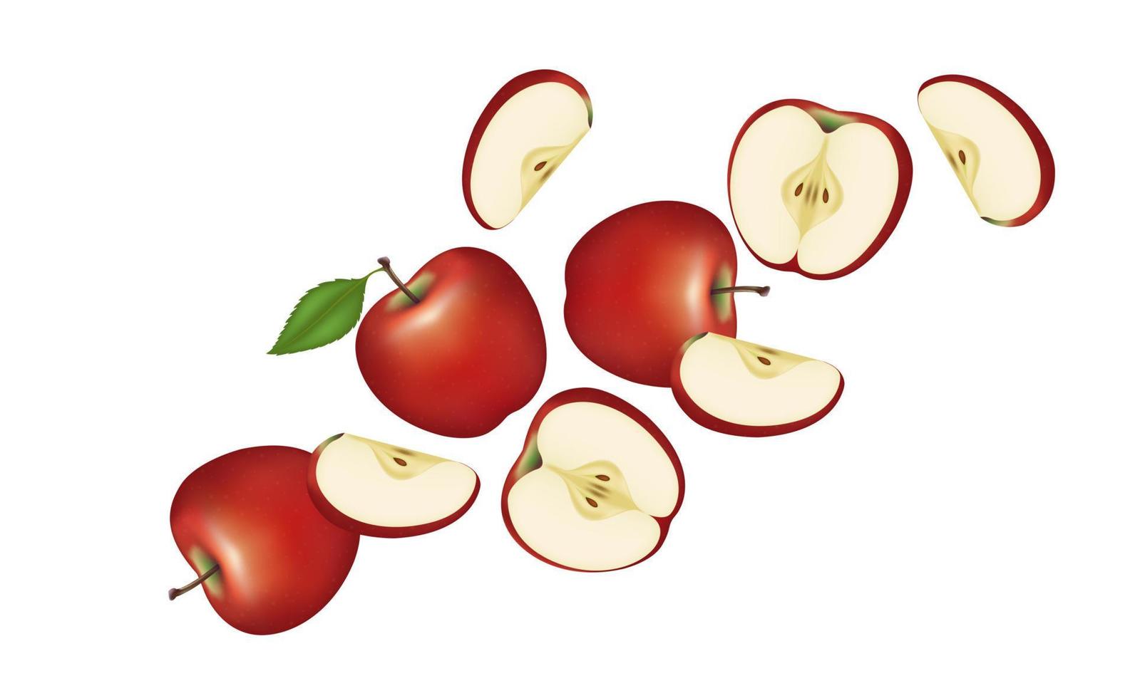 verse appelvruchten vliegen en bladeren met appels van stukjes element in het midden op een witte achtergrond. realistische 3D-vectorillustratie. vector