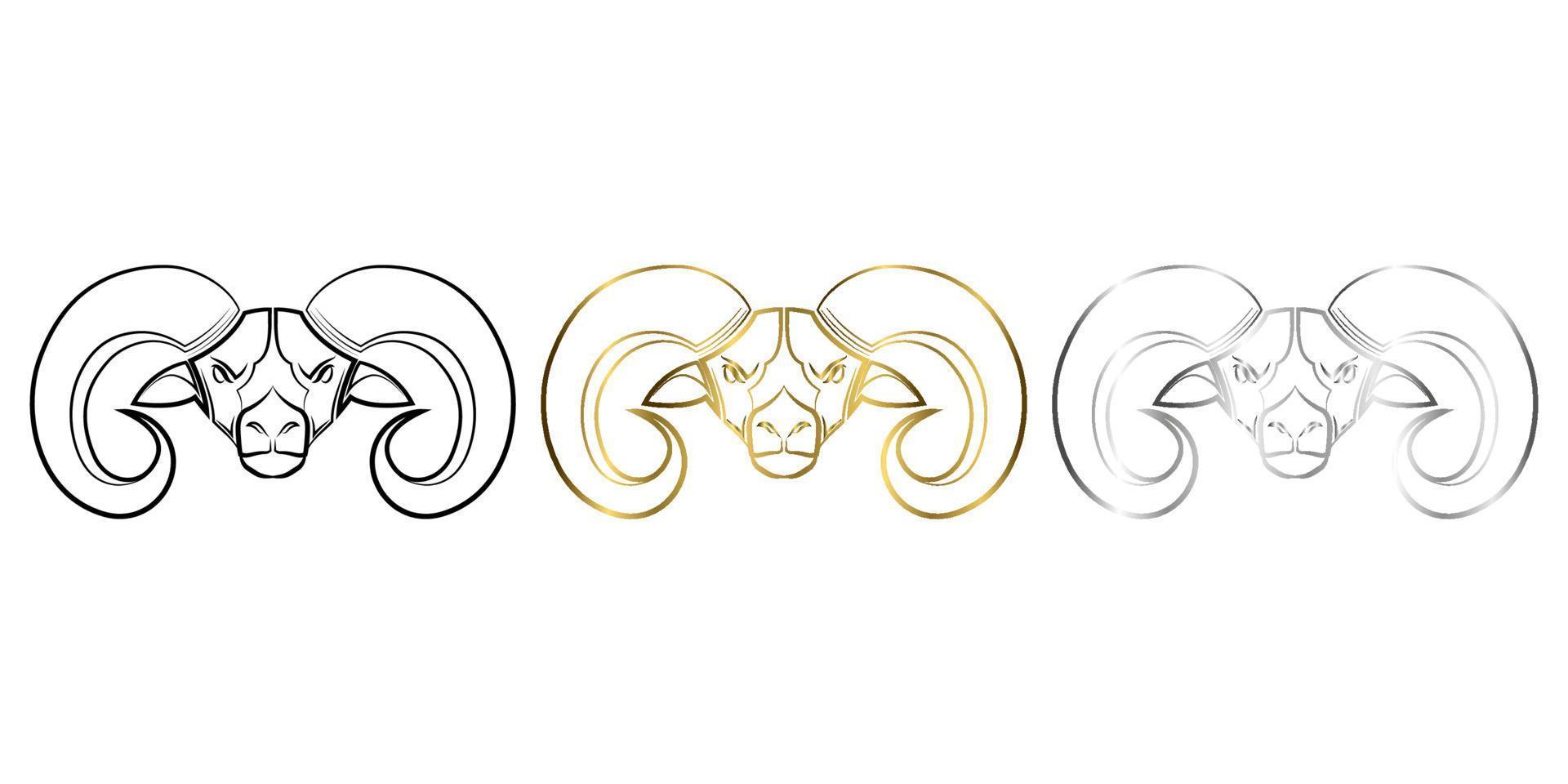 drie kleuren zwart goud en zilver lijntekeningen van grote hoorn schapen hoofd goed gebruik voor symbool mascotte pictogram avatar tattoo t-shirt ontwerp logo of elk ontwerp vector