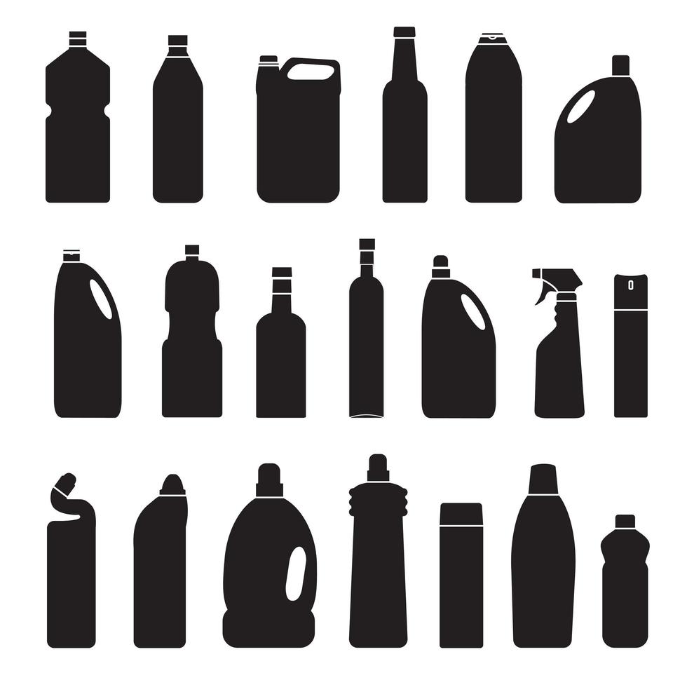 set zwarte silhouetillustratieflessen, blikjes, container vector