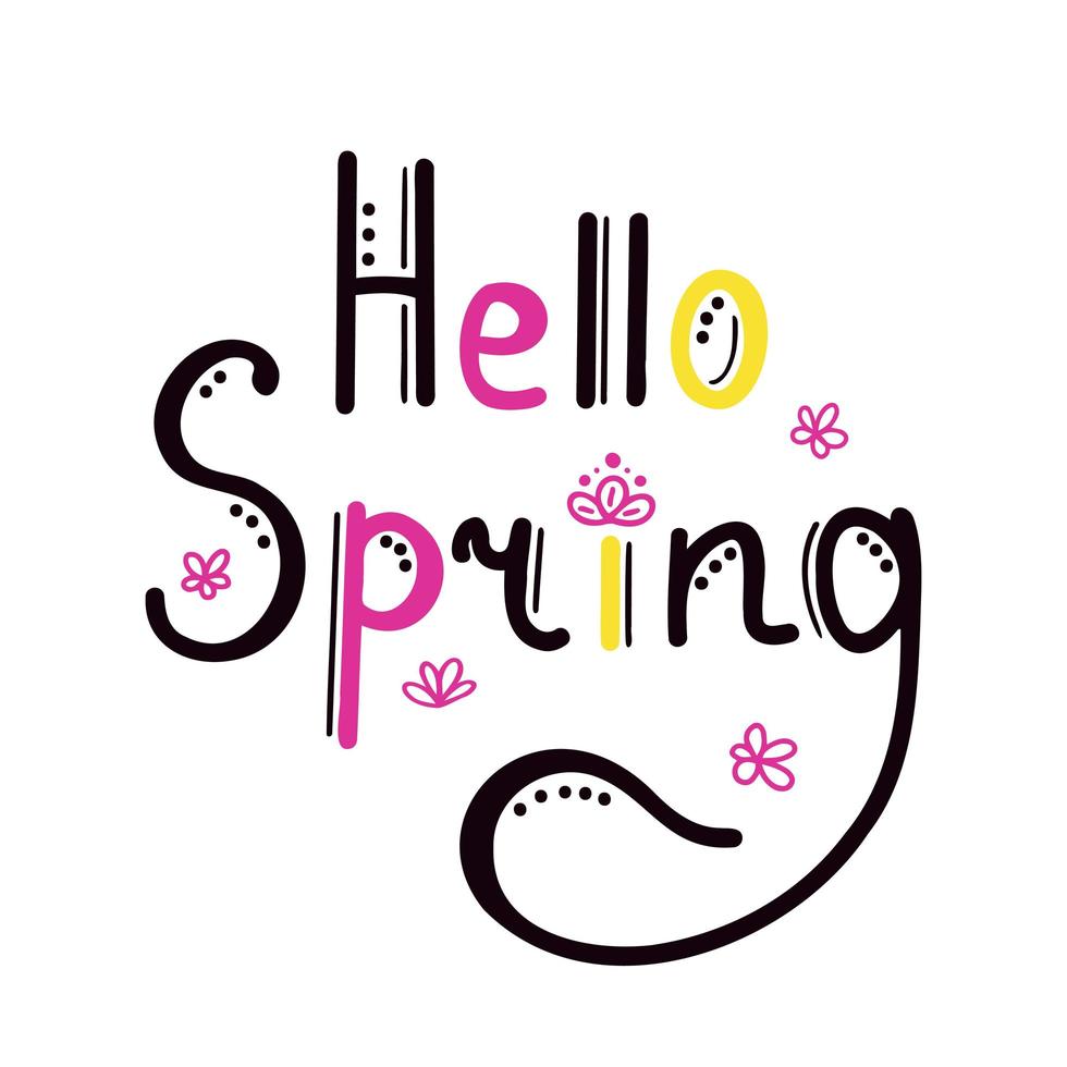 hallo lente. belettering lente seizoen met bloemen. illustratie voor achtergronden, covers, verpakkingen, wenskaarten, posters, stickers, textiel en seizoensontwerp. geïsoleerd op een witte achtergrond. vector