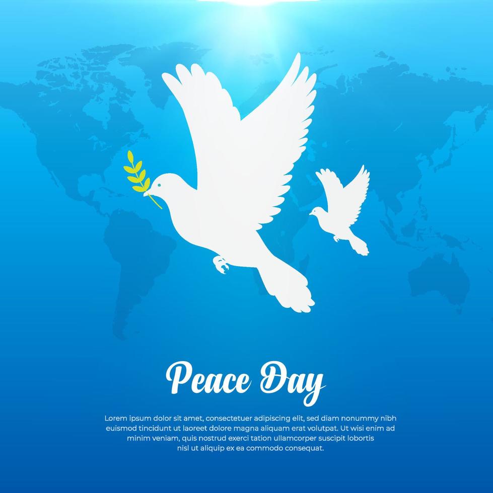 internationale dag van vredesachtergrond met twee vliegende duif en wereldkaartsilhouet. vredesdag ontwerp vectorillustratie vector