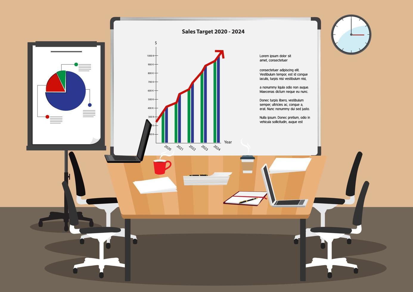 stripfiguur met infographic presentatie in de vergaderruimte of vergaderruimte op kantoor. platte pictogram vector