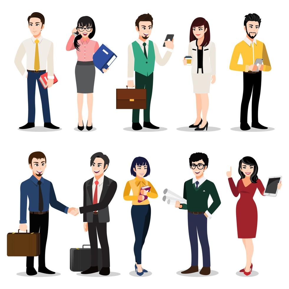 stripfiguur met set van mensen uit het bedrijfsleven. mannen en vrouwen in kantoorkleding. kleurrijke platte pictogram illustratie vector