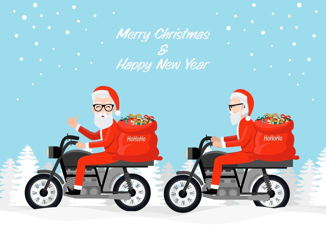 hipster santa claus biker rijden motorfietsen cartoon karakter ontwerp, prettige kerstdagen en gelukkig nieuwjaar festival op sneeuw achtergrond. platte vectorillustratie. vector