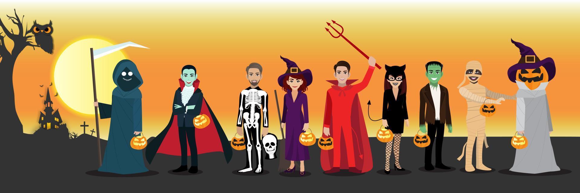 happy halloween party met stripfiguur in halloween kostuum. platte pictogram ontwerp vectorillustratie. vector