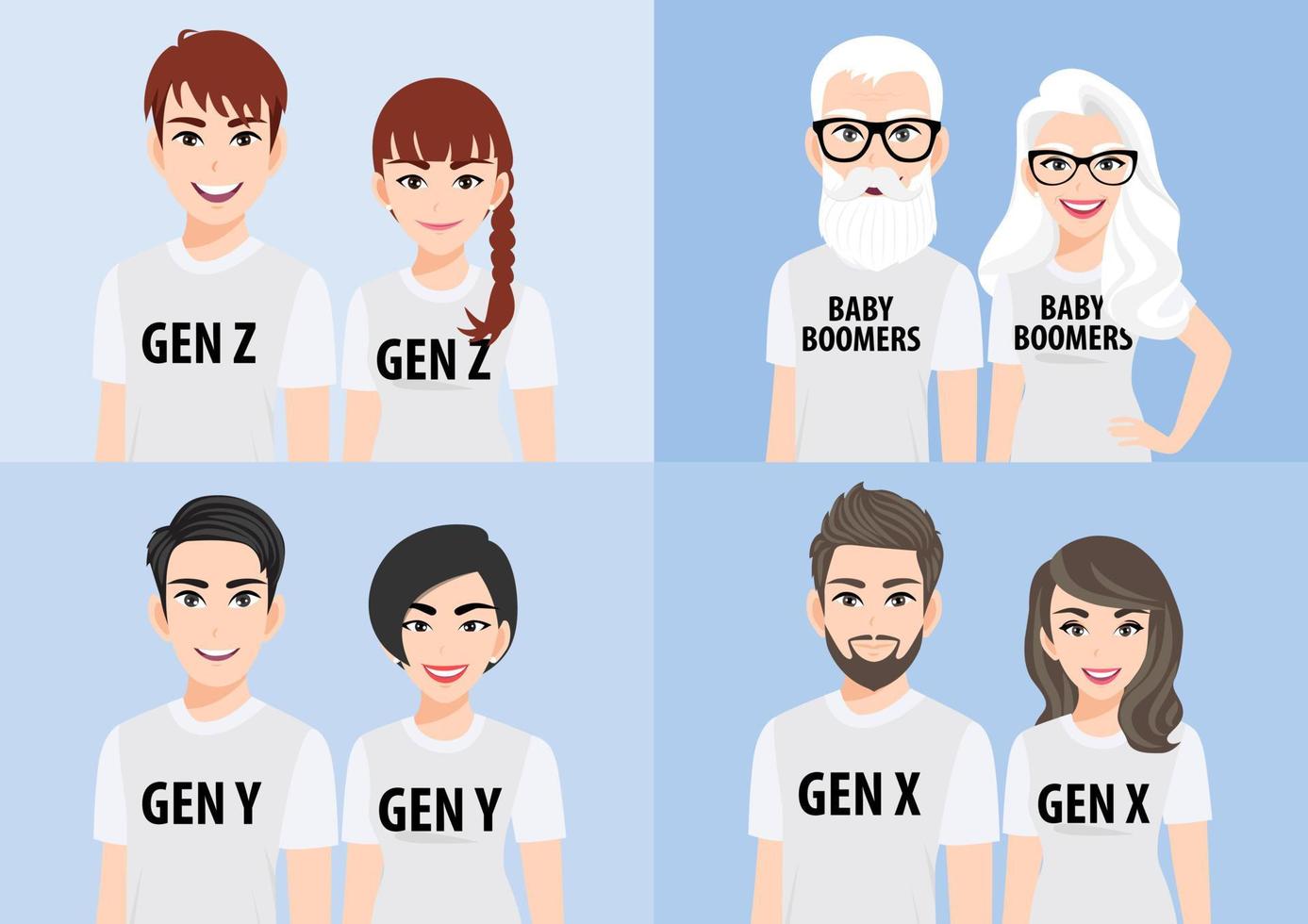 stripfiguur met generaties concept. babyboomers, generatie x, generatie y of millennial, generatie z. familie mensen in wit t-shirt casual op blauwe achtergrond, platte pictogram ontwerp vector