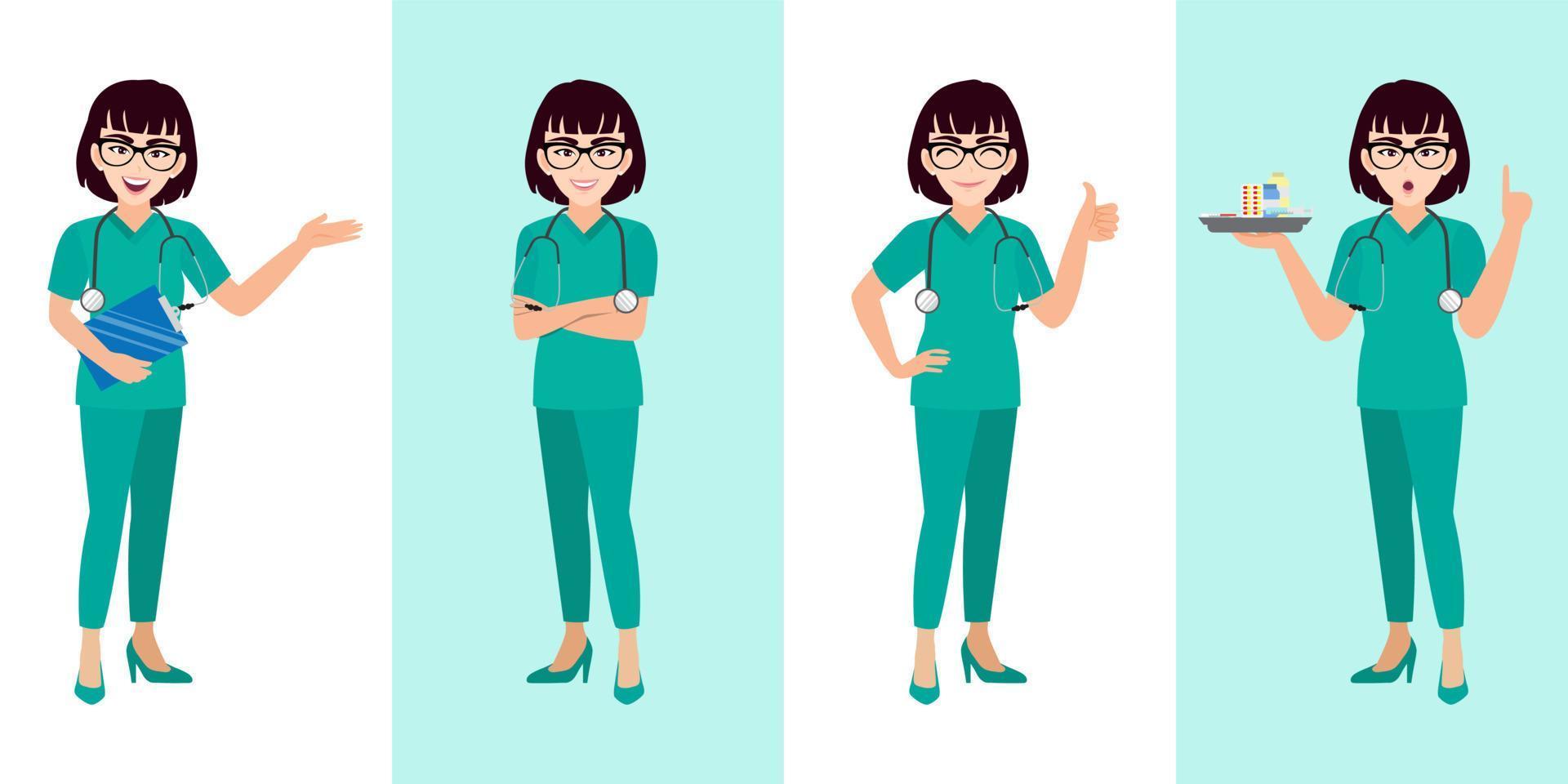 vrouwelijke arts cartoon tekenset, jonge of tiener dame arts in verschillende poses, medisch werker of ziekenhuispersoneel. dokter cartoon plat pictogram op een witte en groene achtergrond vector