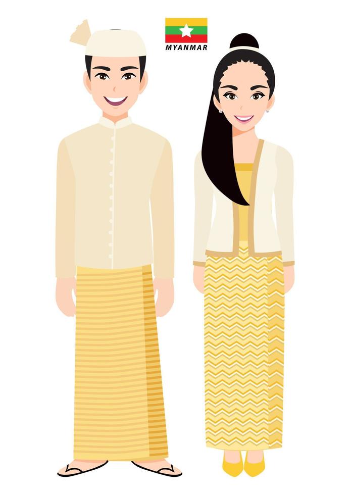 paar stripfiguren in traditionele klederdracht van Myanmar Vectorbeelden vector