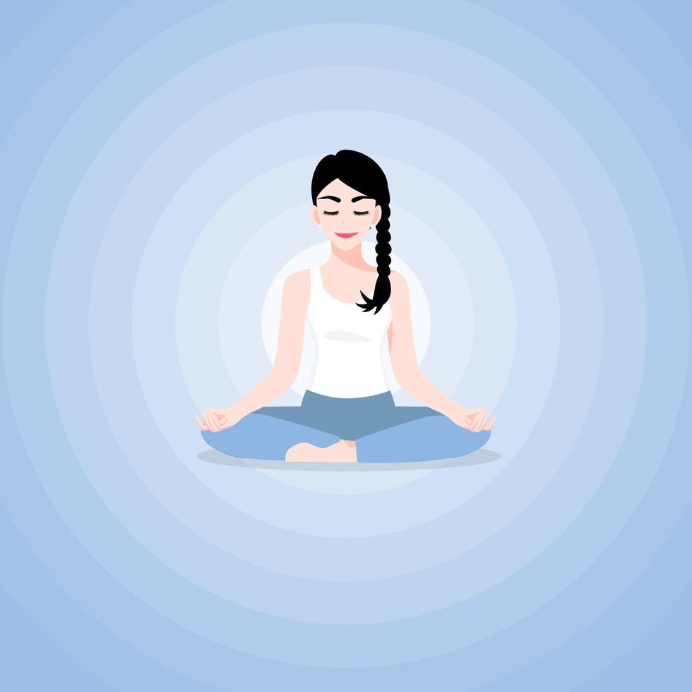 een mooie jonge vrouw stripfiguur in yoga lotus beoefent meditatie. beoefening van yoga. vector illustratie