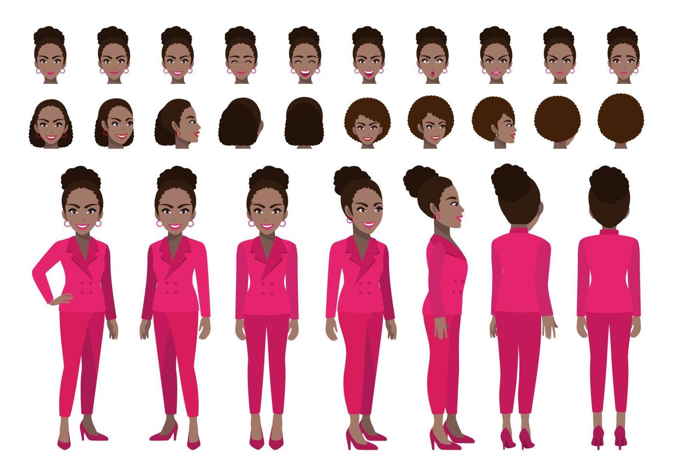 Afro-Amerikaanse zakenvrouw cartoon tekenset en animatie ontwerp. voorkant, zijkant, achterkant, 3-4 weergave geanimeerd personage. platte vectorillustratie vector