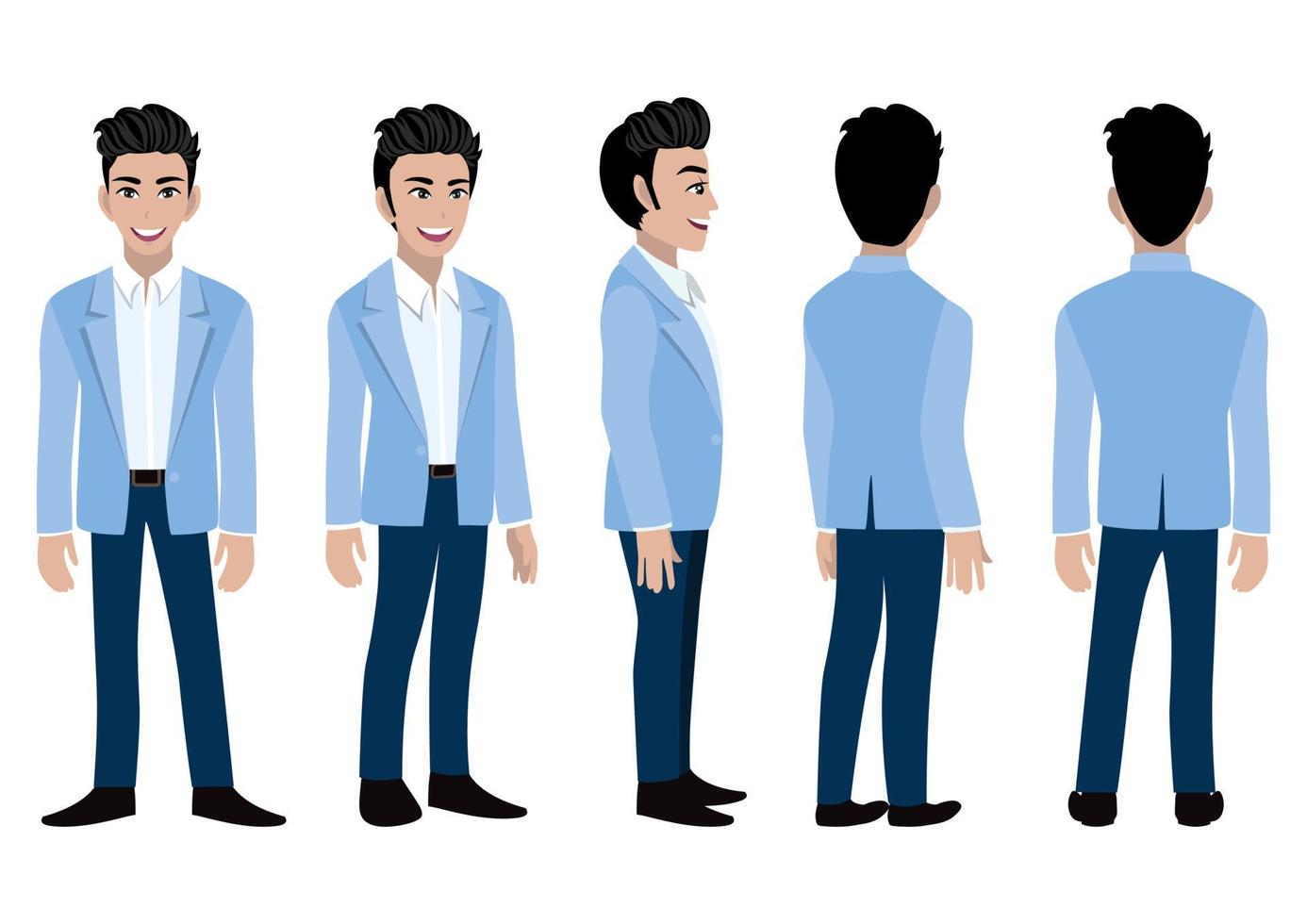 stripfiguur met zakenman in een blauw pak voor animatie. voorkant, zijkant, achterkant, 3-4 weergave geanimeerd personage. platte vectorillustratie. vector