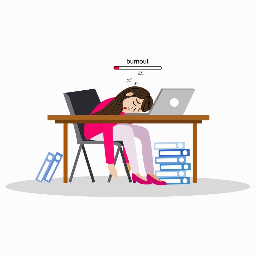 burn-out syndroom concept illustratie met uitgeputte vrouwelijke kantoormedewerker zittend aan de tafel. gefrustreerde werknemer, psychische problemen. vectorillustratie in vlakke stijl vector