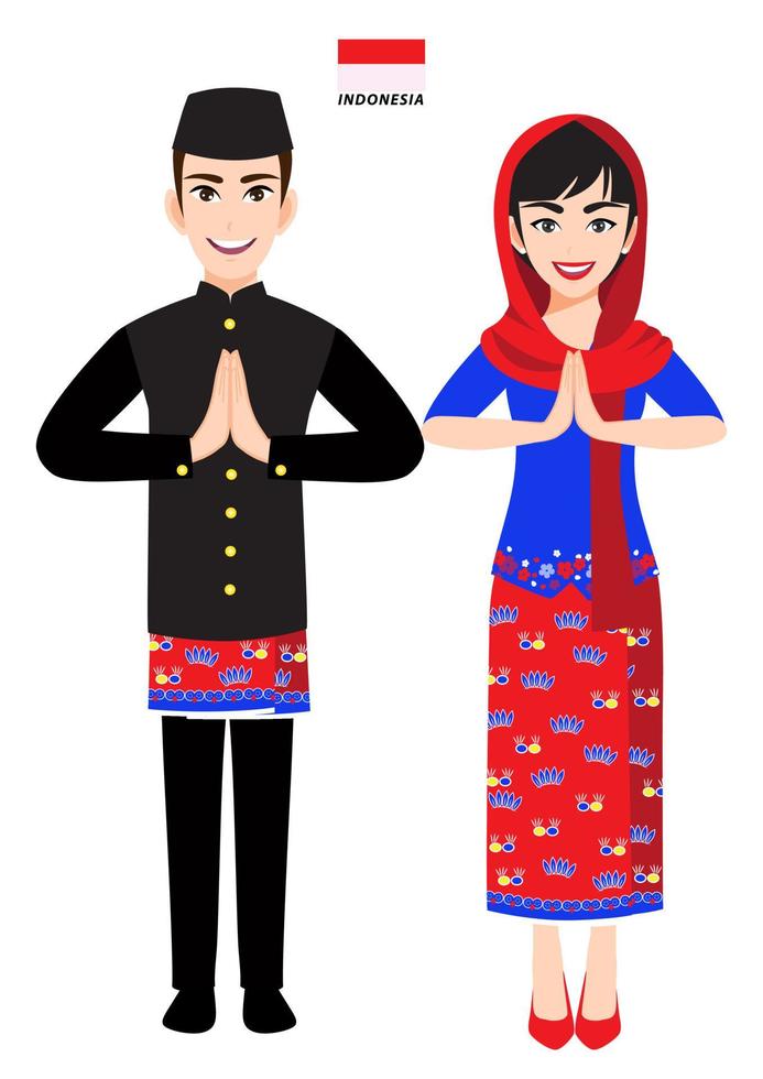 Indonesië man en vrouw in traditionele klederdracht, Indonesië mensen groet en Indonesië vlag op witte achtergrond cartoon karakter vector