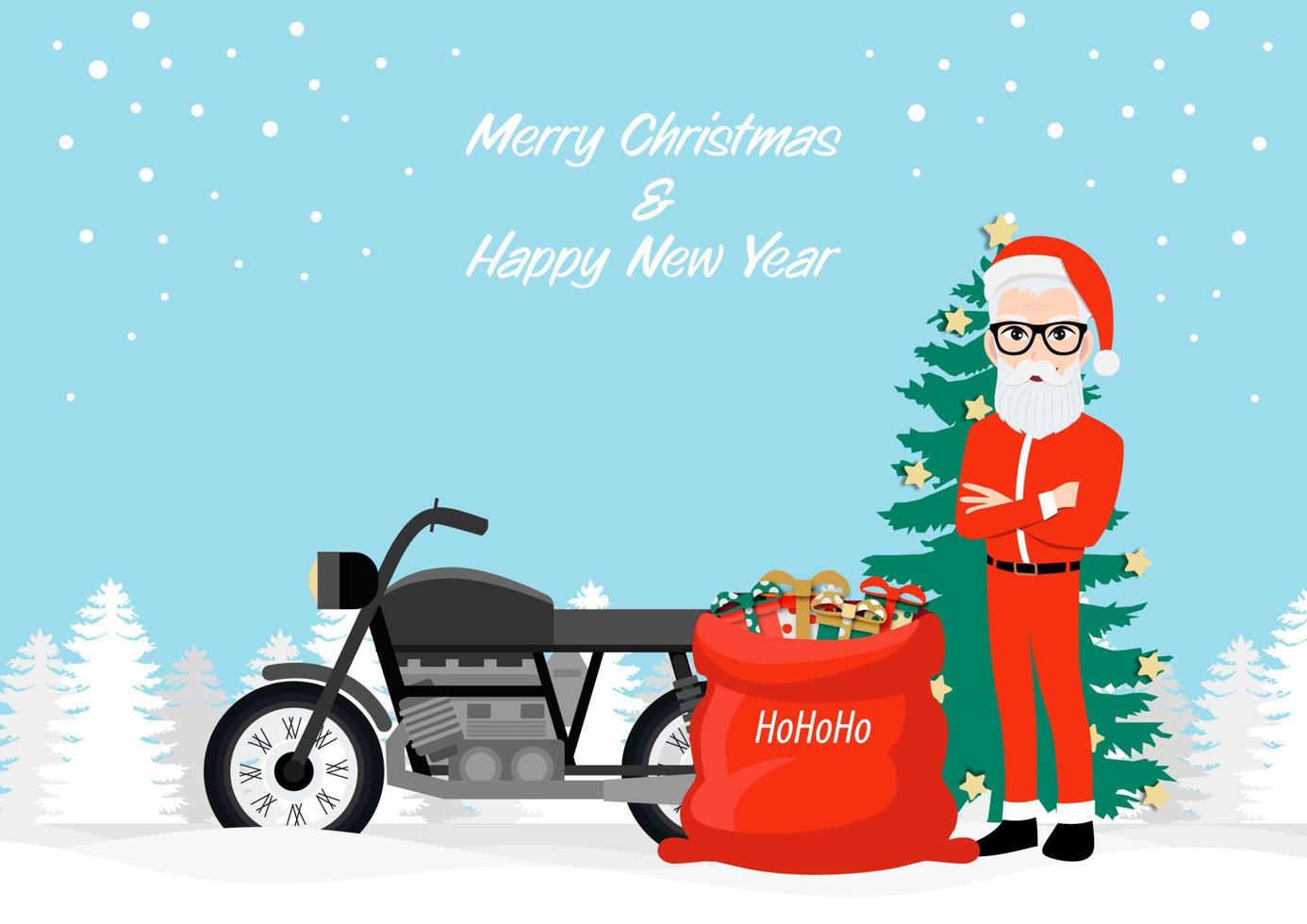 hipster kerstman en motorfiets met cartoon Characterdesign, prettige kerstdagen en gelukkig nieuwjaar festival op witte achtergrond. platte vectorillustratie. vector