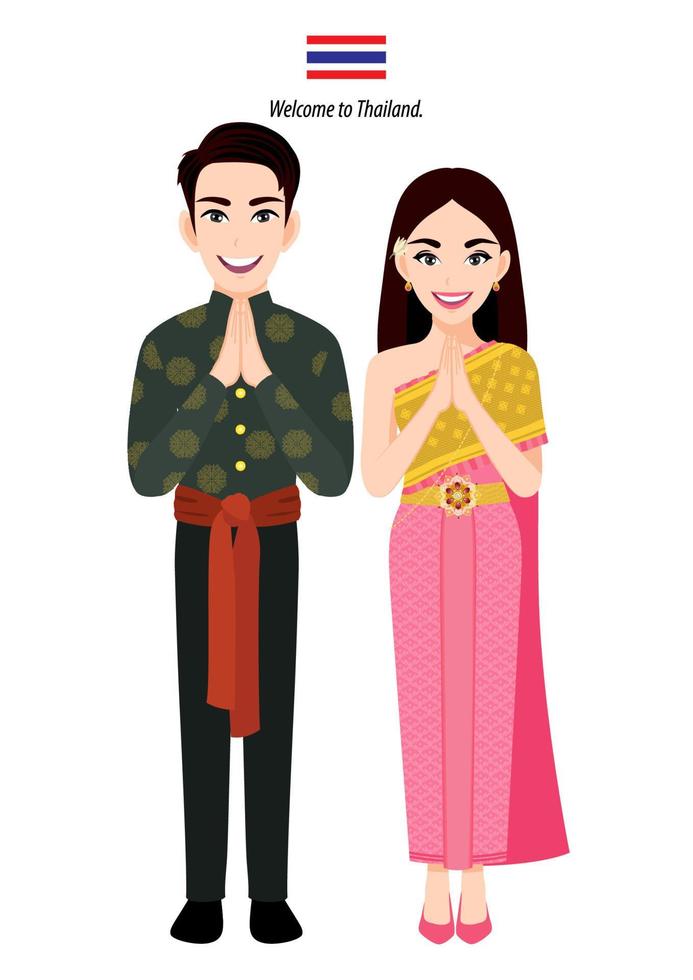 thailand man en vrouw in traditionele klederdracht of thaise mensen groeten sawasdee en thaise vlag op witte achtergrond cartoon karakter vector