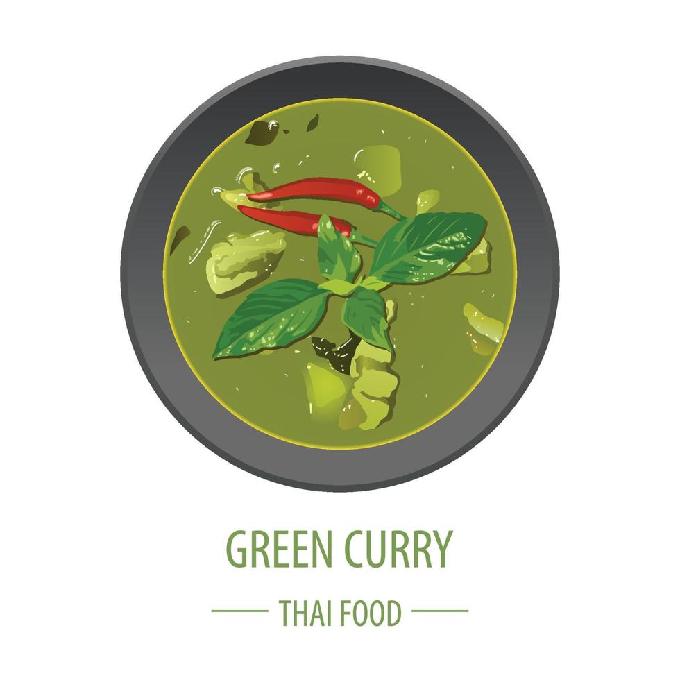 groene curry beroemd Thais eten, realistisch met bovenaanzichtstijl vector