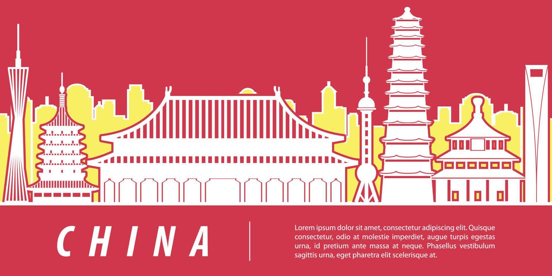 China beroemde bezienswaardigheid silhouet met rood en geel kleurontwerp vector