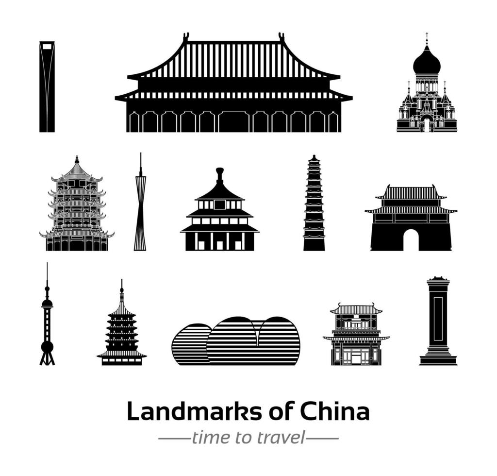 set van beroemde bezienswaardigheid van china silhouet stijl met zwart-wit klassiek kleurontwerp vector