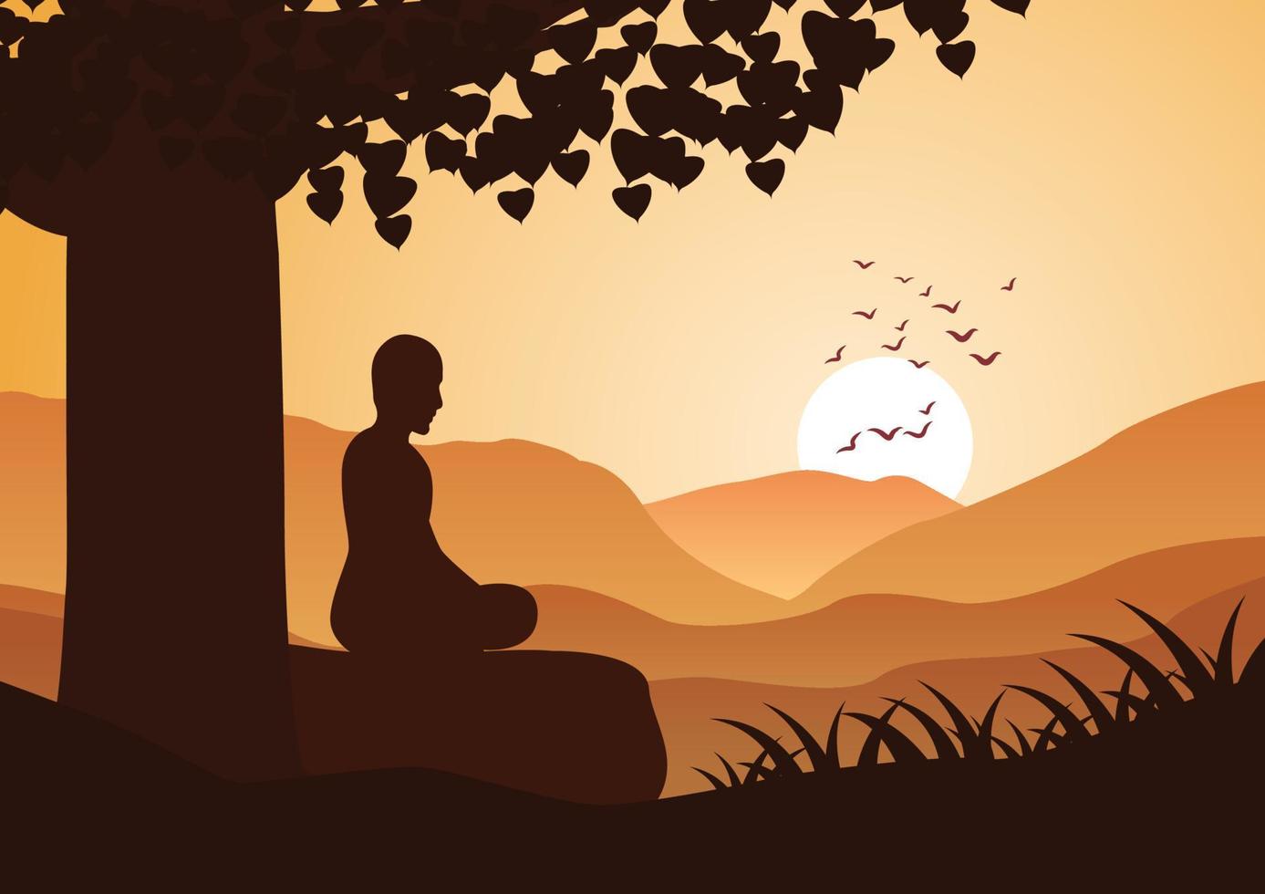 monnik meditatie zit op de bergwand naar de zon met rust vector