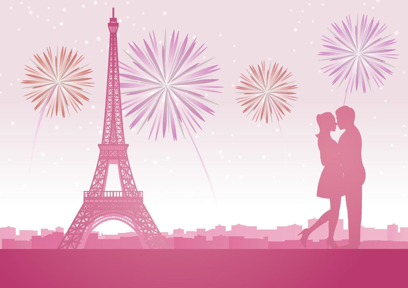 paar knuffelen samen rond met wolkenkrabber in de buurt van de Eiffeltoren in Parijs op feestavond, silhouetstijl vector