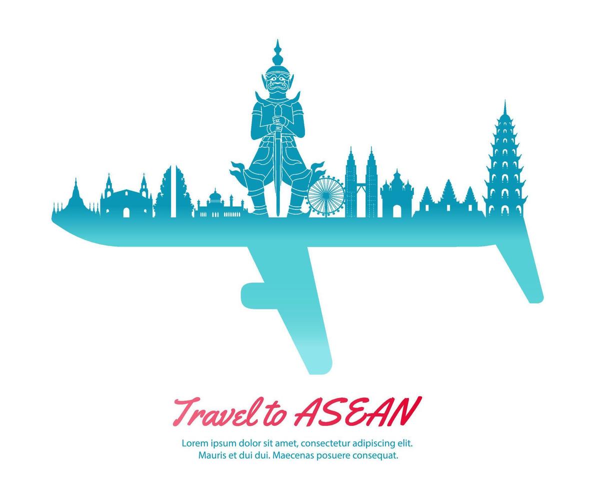 ASEAN-oriëntatiepunten en een deel van een andere kant zien eruit als een vliegtuigsymbool door concept art vector