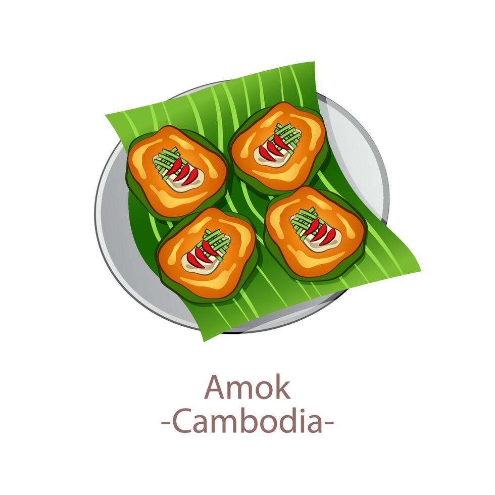 bovenaanzicht van populair eten van asean national, amok, in cartoon vector