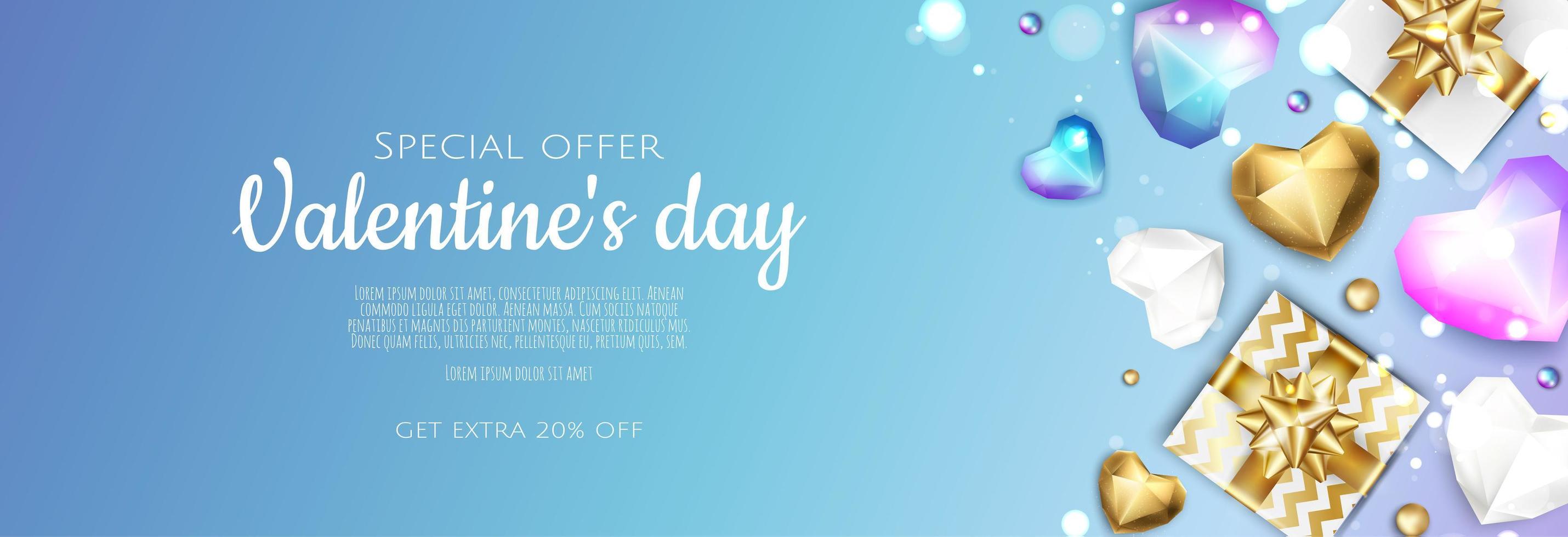 gelukkige valentijnsdag romantische creatieve banner, horizontale koptekst voor website. achtergrond realistisch 3d hart, geschenkdoos. vector