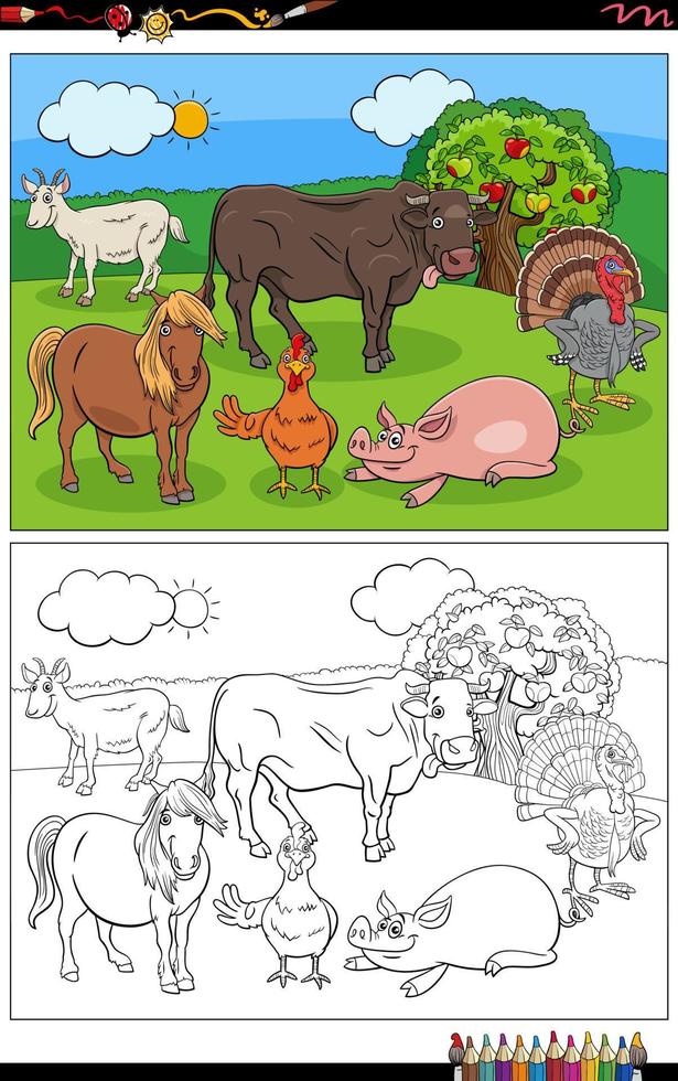 cartoon boerderijdieren groep kleurboekpagina vector