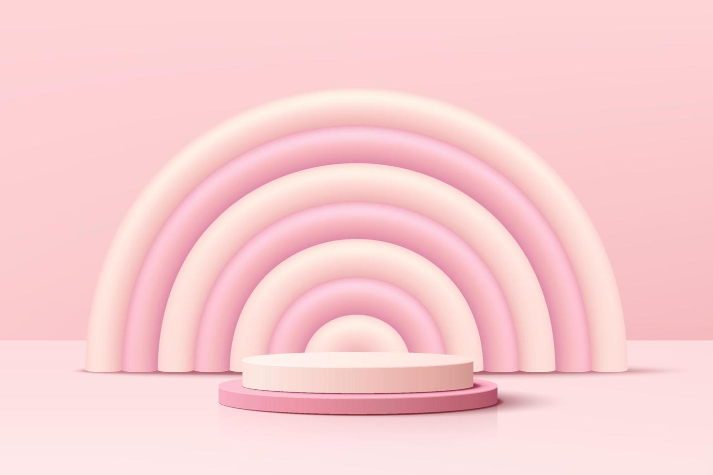 realistisch roze 3d cilinder voetstuk podium met roze en witte ballon boogvorm. Valentijn pastel minimale scène voor producten showcase, promotie display. vector abstract studio kamer platform ontwerp