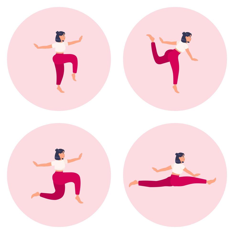 set van vector silhouetten van vrouw die yoga-oefeningen doet. gekleurde pictogrammen van een meisje in veel verschillende yogahoudingen geïsoleerd op roze achtergrond