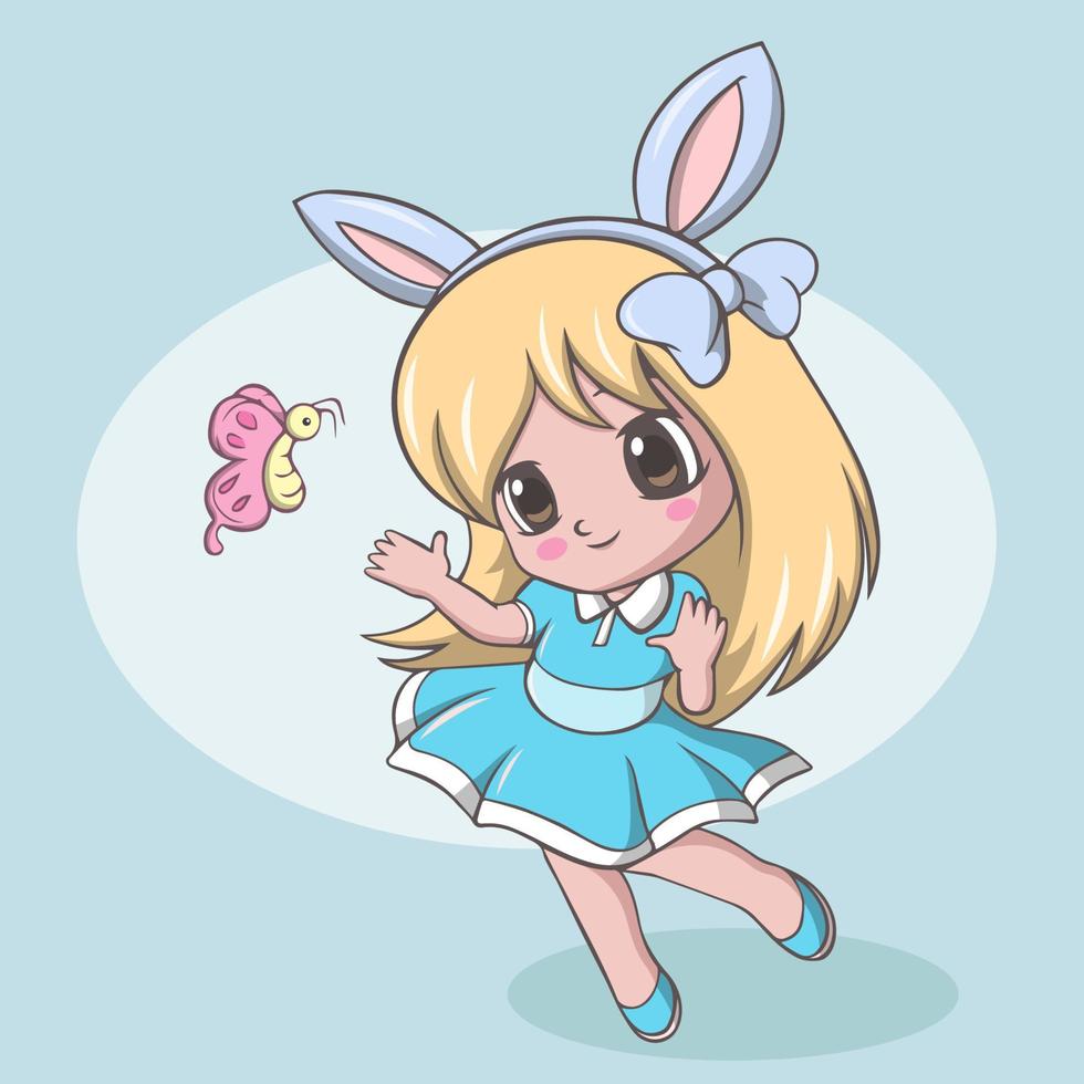 cartoon schattig klein meisje met konijnenoren en vlinder vector