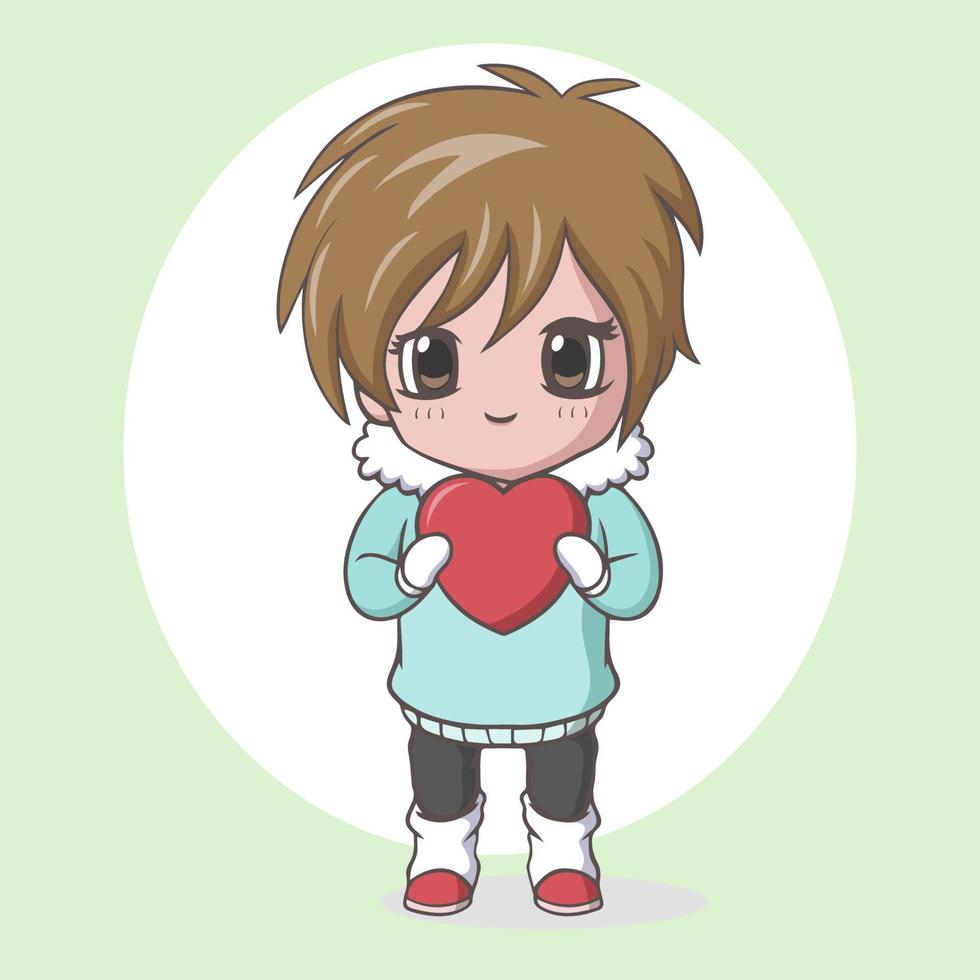 schattige kawaii kleine jongen met rood hart vector