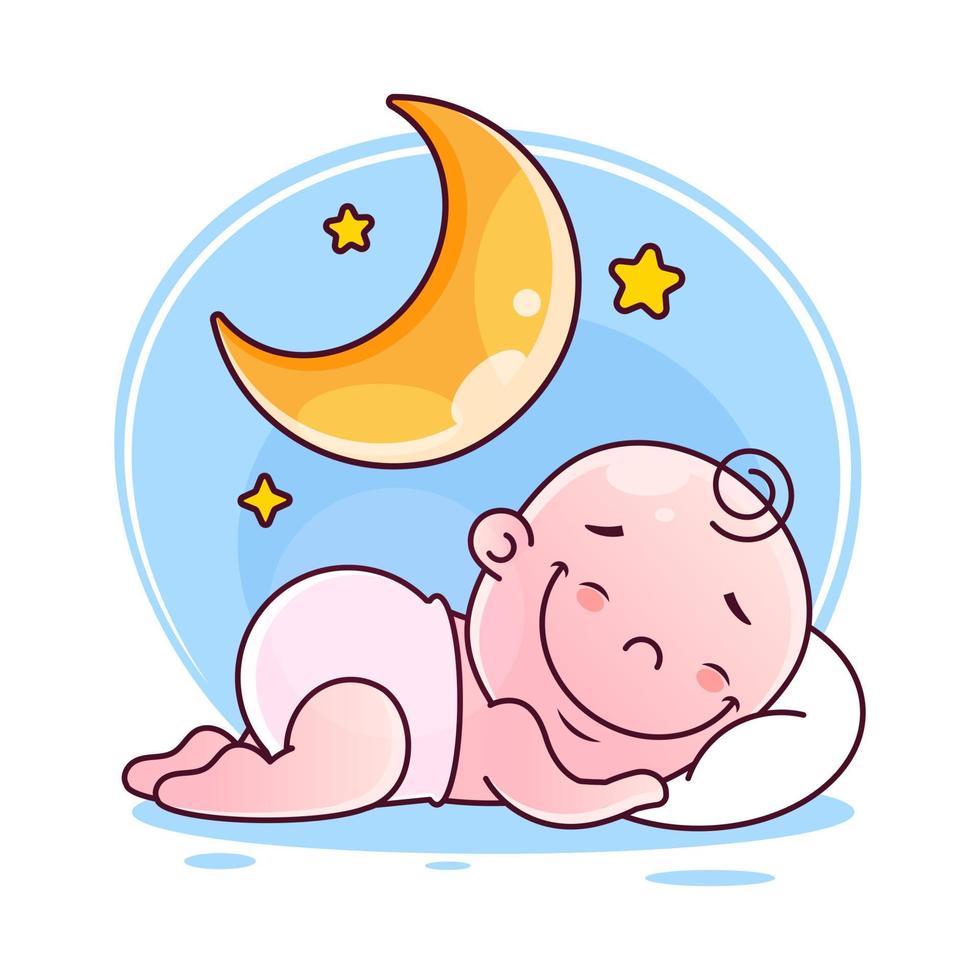 kleine babyjongen in blauwe pyjama's slapen vredig op zachte witte wolk. kussen en deken voor kind. sjabloon voor logo voor gezonde slaap, babybedkleding, linnen. kleur vector