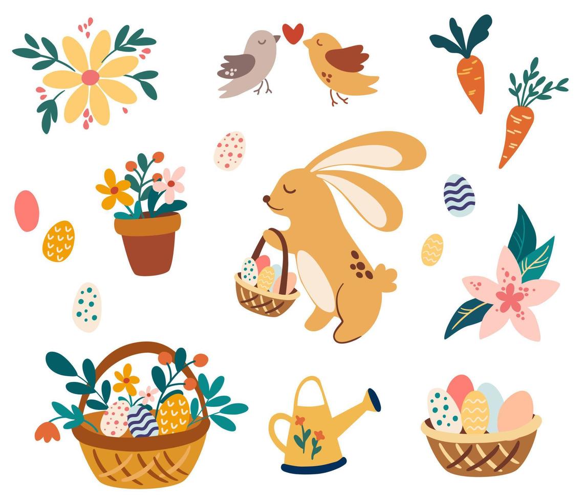 Pasen instellen. konijn met mand, bloemen, gieter, wortel, mand met eieren. lente. gelukkig Pasen. geweldig voor decoratie flyers, banners, wallpapers, print producten vector cartoon afbeelding.