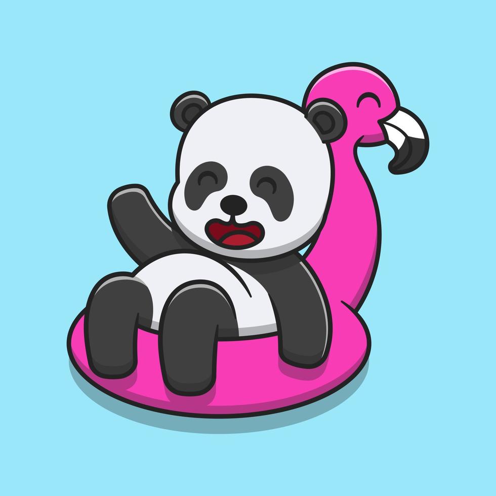 schattige panda met opblaasbare flamingo zwemmen ballon cartoon pictogram illustratie vector