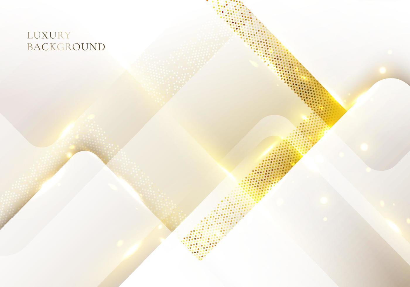 3D-moderne luxe sjabloonontwerp witte driehoeken strepen en gouden glitter lijn licht vonken op schone achtergrond. vector