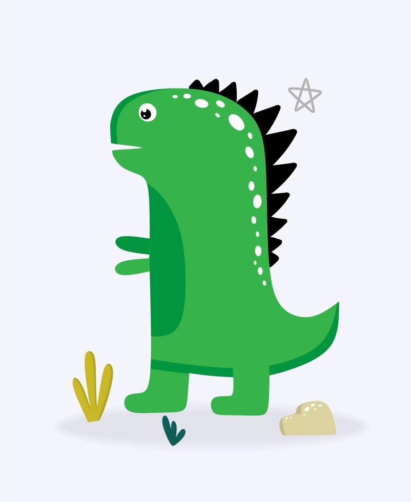 grappige schattige dinosaurus groen op een lichte achtergrond. voor textiel, verpakkingspapier, posters, achtergronden, decoratie van kinderfeestjes. vector illustratie