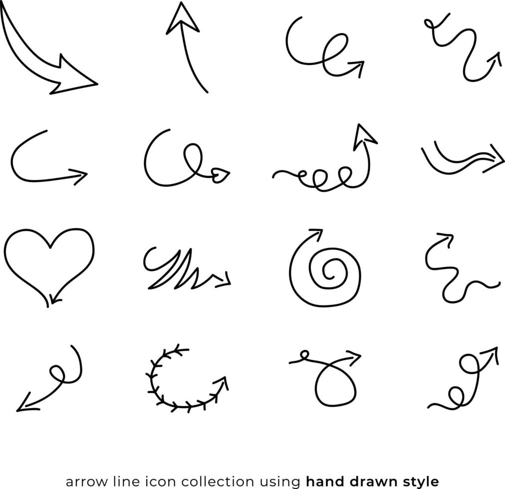 pijl lijn icoon collectie met handgetekende stijl vector