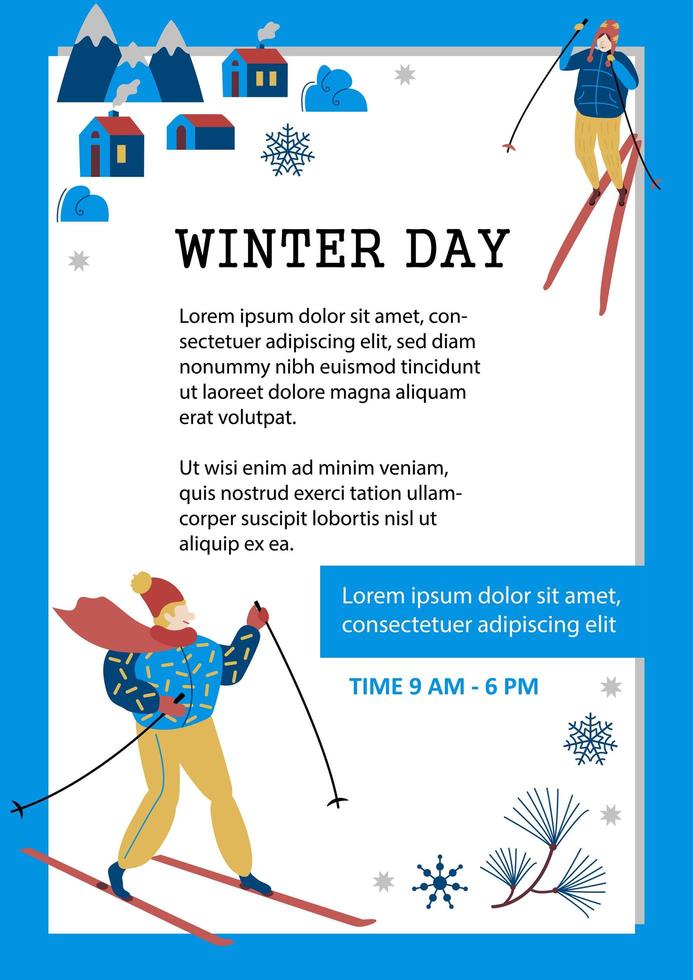 wintersport skiën poster. berglandschap. winter-dag banner. moderne sportsjabloon van flyer of tijdschriften. actieve levensstijl uitnodiging concept. platte vector cartoon afbeelding