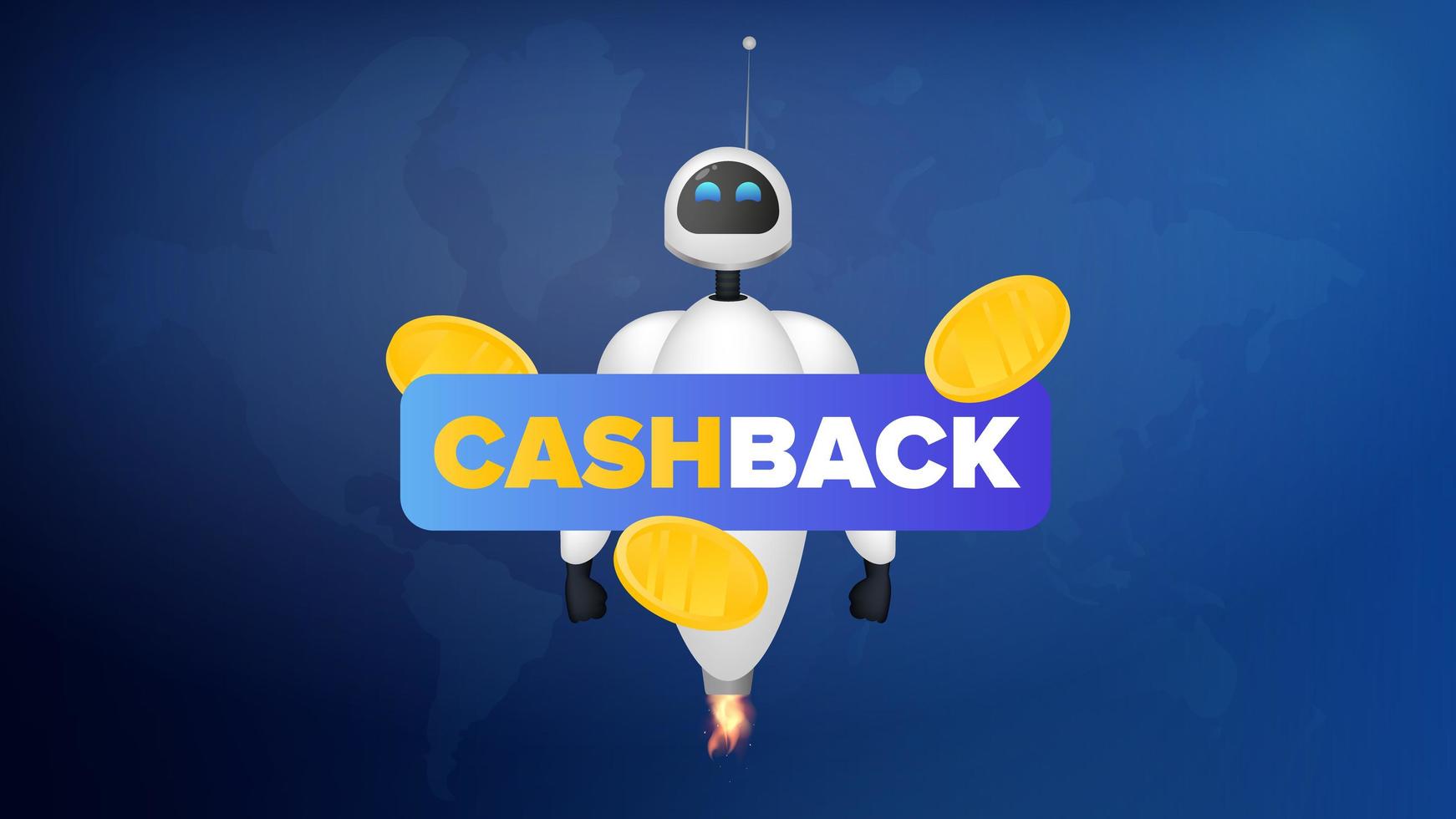 witte vliegende robot en gouden munten in de lucht. cashback-concept. voor het onderwerp geld sparen en teruggeven. vectorillustratie. vector