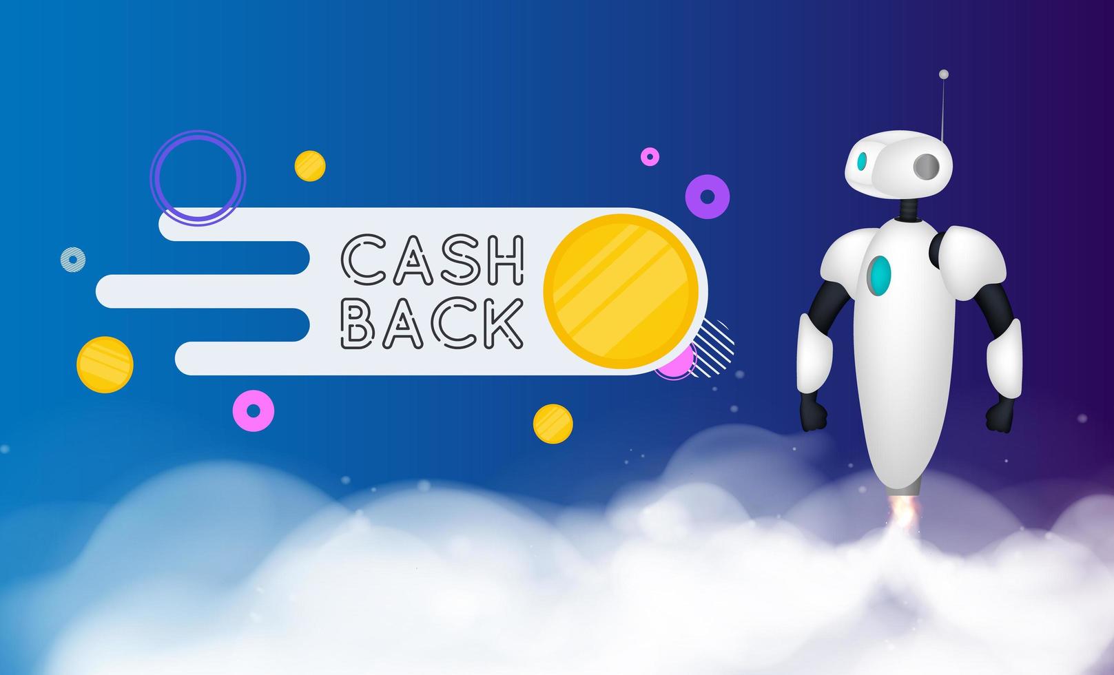 cashback-banner. de witte robot stijgt op. rook sporen. realistische stijl. vectorillustratie. vector