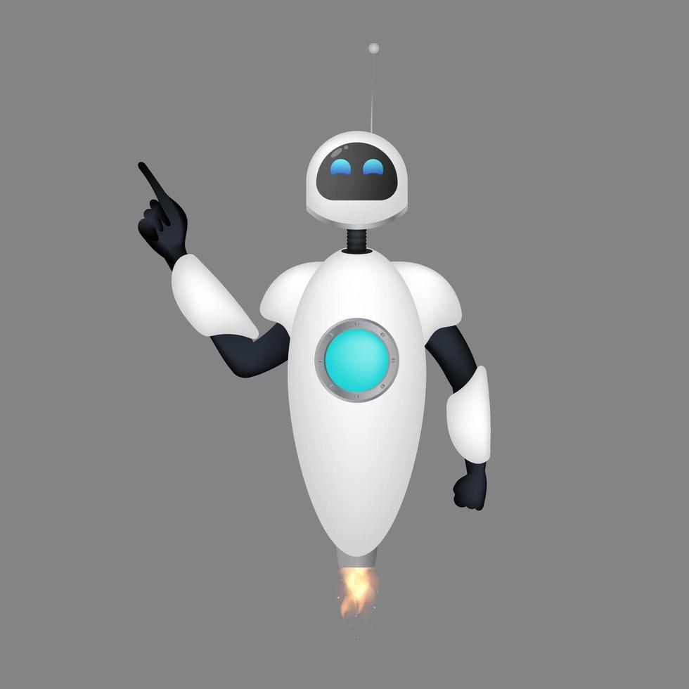 witte vliegende robot wijst met een vinger. de bot stak zijn wijsvinger op. goed voor app-ontwerp. vector. vector