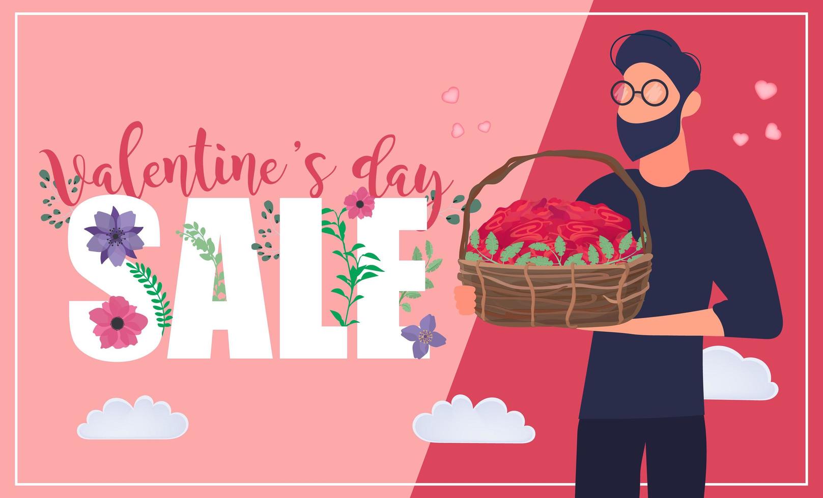 Valentijnsdag verkoop banner. man houdt een grote mand met bloemen. vector. vector