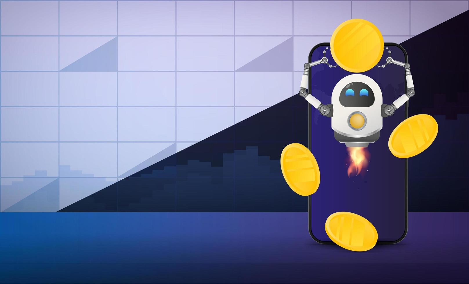 vliegende robot houdt een gouden munt op de achtergrond van een mobiele telefoon. banner met ruimte voor tekst. investerings- en kapitaalverhogingsconcept. vector. vector