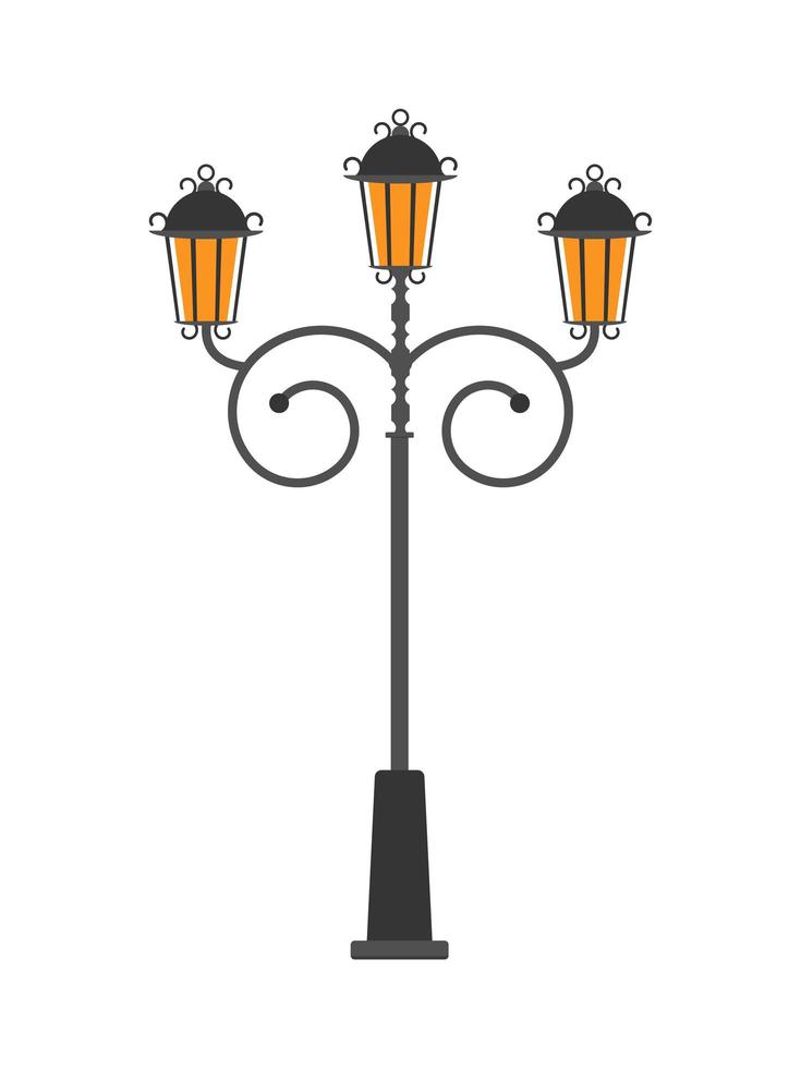 straat post lantaarn met drie lampen in vlakke stijl geïsoleerd op een witte achtergrond. vectorillustratie. vector