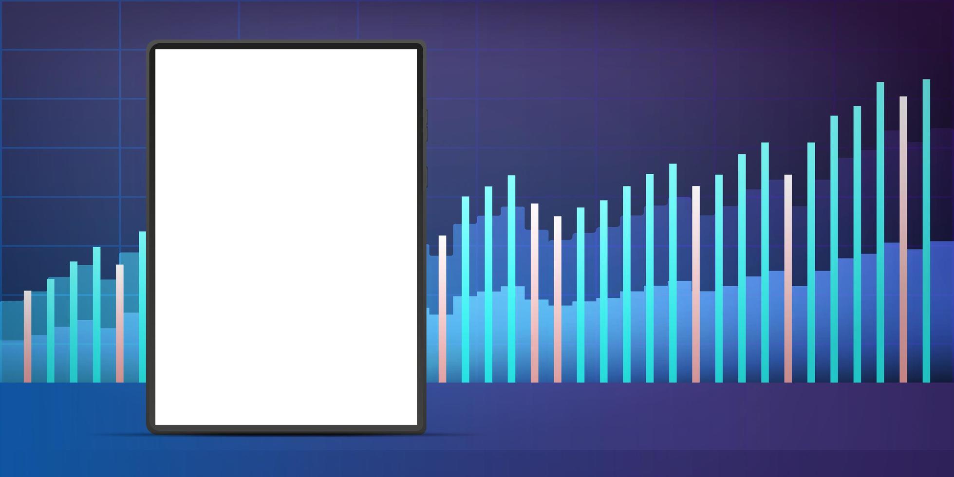 tablet met een wit scherm op de achtergrond van financiële grafieken. het concept van analyse, zaken of handel op de financiële beurs. vector. vector