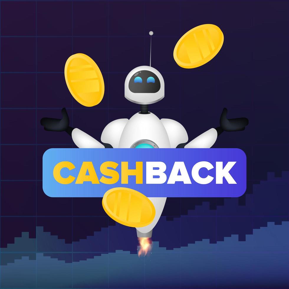 witte vliegende robot en gouden munten in de lucht. cashback-concept. voor het onderwerp geld sparen en teruggeven. vierkante banner. realistische stijl. vector