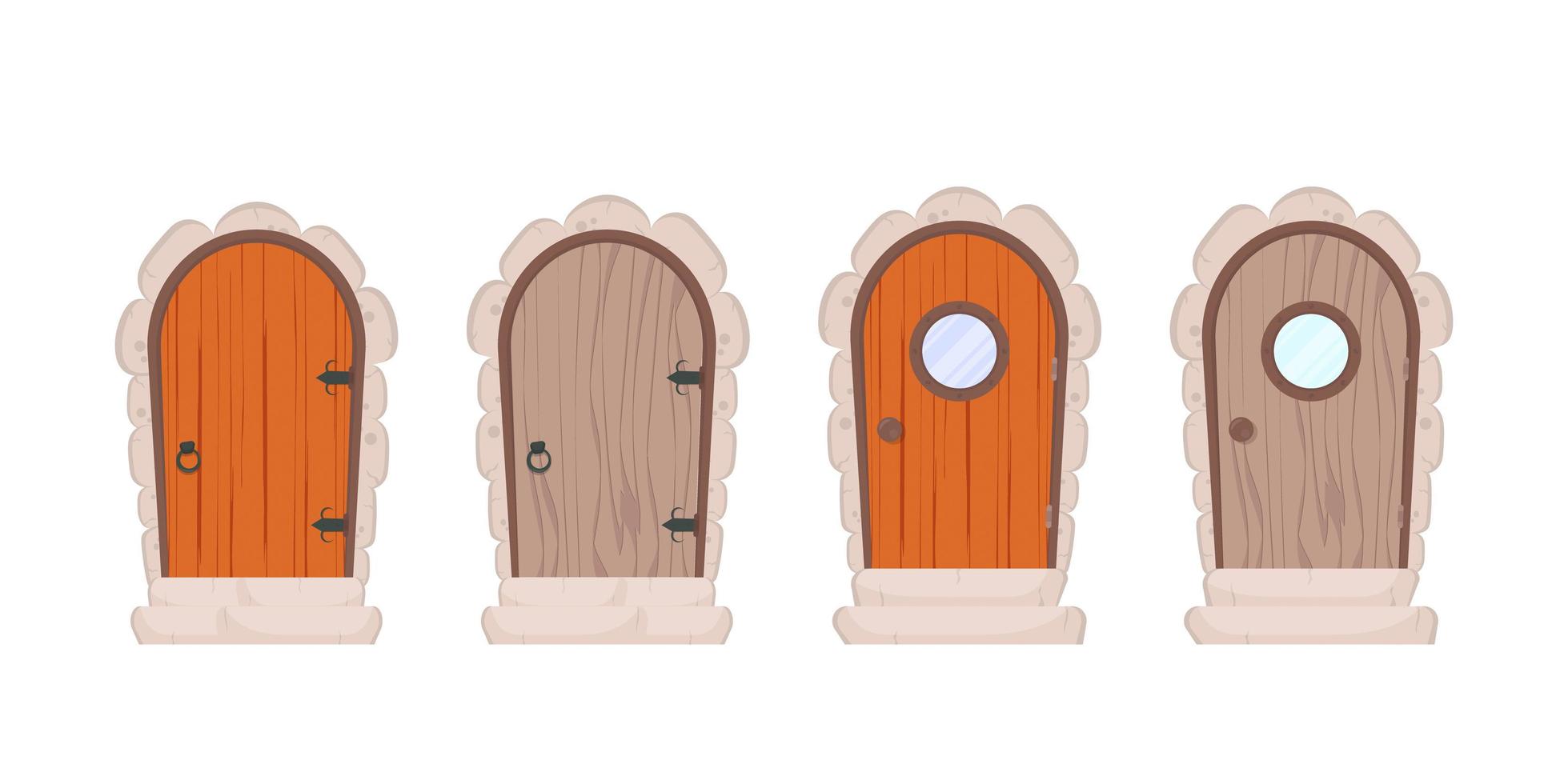set antieke houten deuren. stenen bekleding en trappen. hout textuur. cartoon-stijl. geïsoleerd, vector