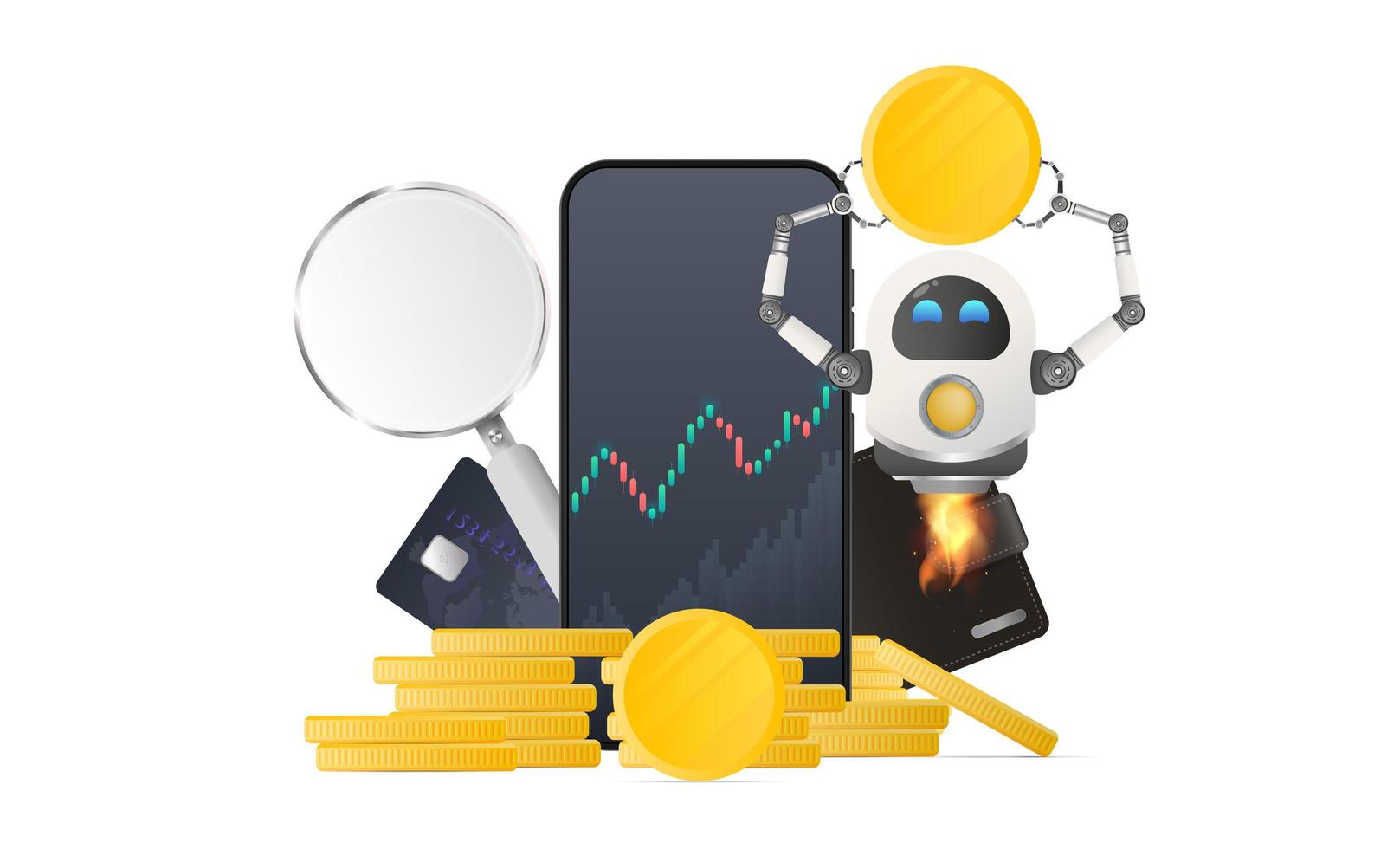 vliegende robot houdt een gouden munt op de achtergrond van een mobiele telefoon. portemonnee, bankkaart, stapel munten, vergrootglas, financiële grafiek. investerings- en kapitaalverhogingsconcept. vector. vector