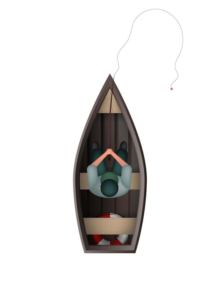 een visser in een houten boot. visserijconcept. geïsoleerd. vector